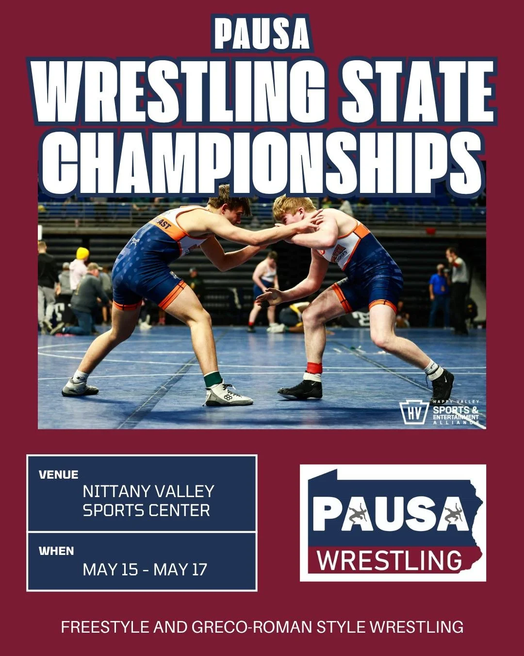 This weekend, May 15-17, the Nittany Valley Sports Centre is hosting the PAUSA Wrestling State Championship! The event will feature both Freestyle and Greco-Roman style wrestling. Tickets will be available for purchase on site:

Friday
Daily entry $1