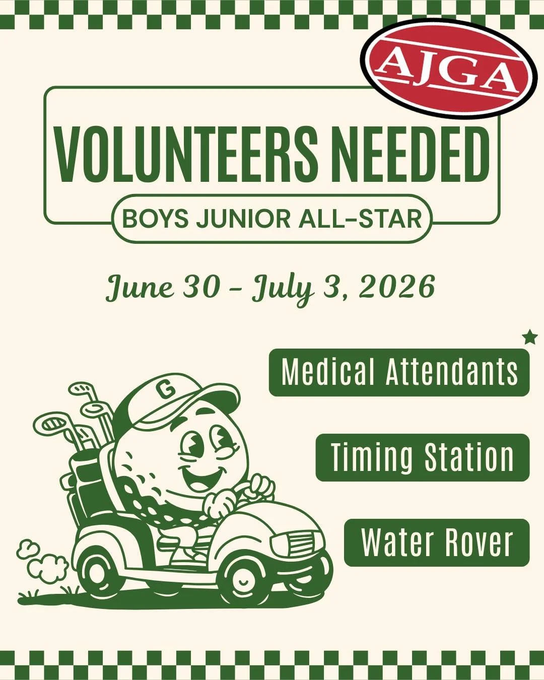 Looking for ways to give back this summer?

Volunteers are still needed for the upcoming American Junior Golf Association tournament, particularly medical attendants. The tournament will be taking place at the Toftrees Golf Resort, June 30th through 