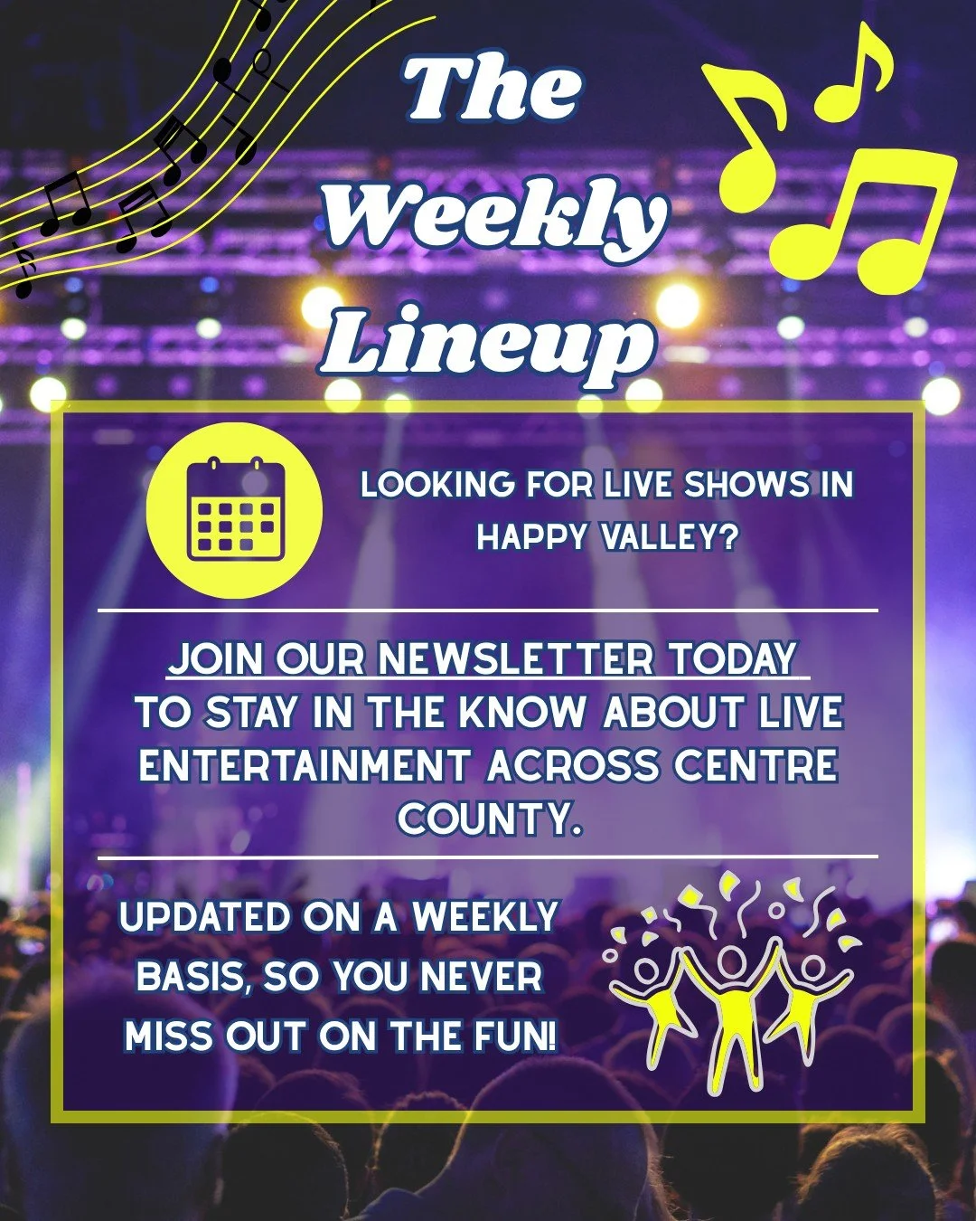 Happy Valley hosts a slew of live entertainment opportunities throughout the year, and our newsletter keeps you informed on all that's to come. Swing over to our website today to sign up!

Have live entertainment going on that you want us to highligh