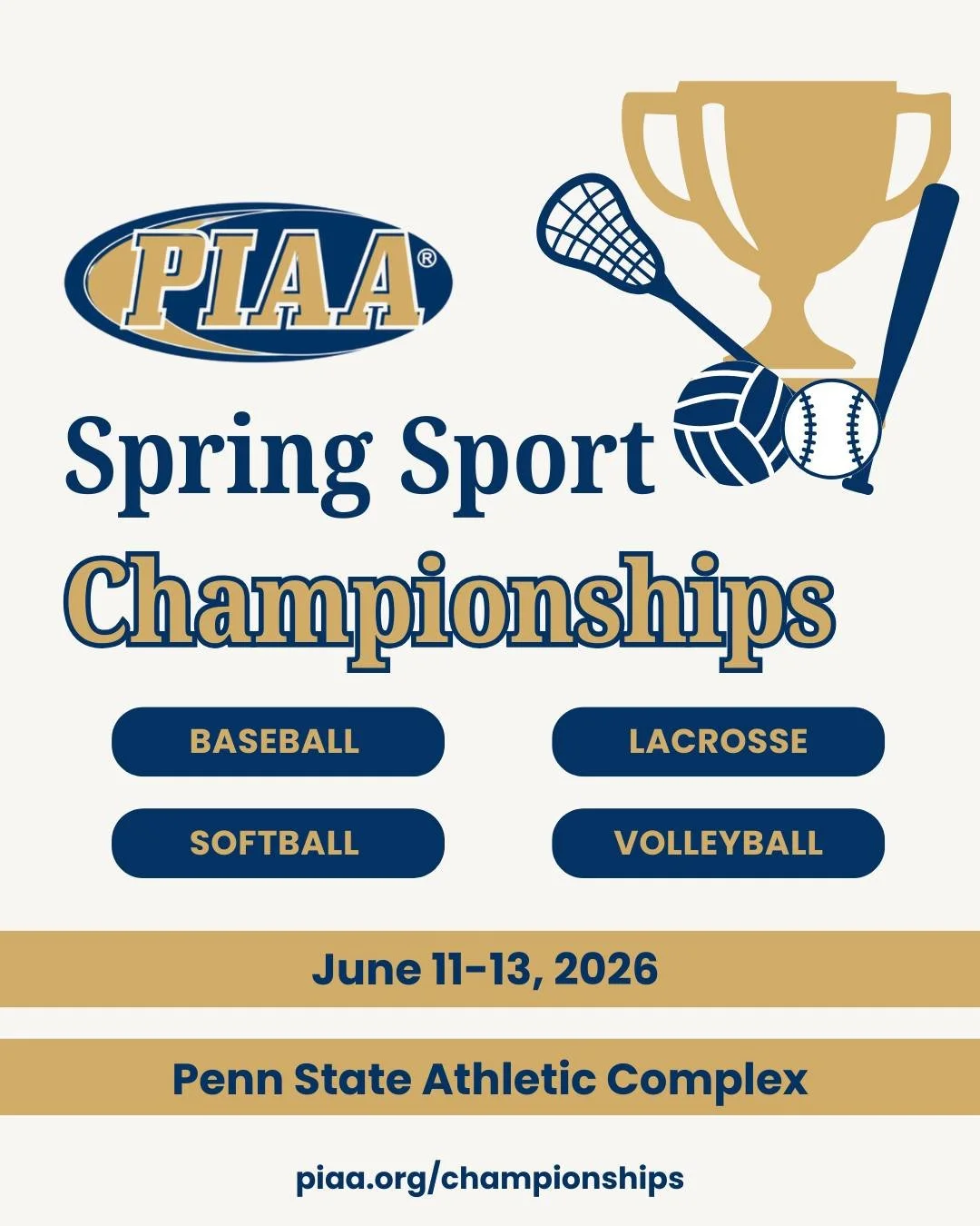 Join us this weekend for the PIAA Spring Sport Championships Festival! Taking place from June 11th to the 13th, the festival will feature softball, baseball, lacrosse, and boys' volleyball.
 
Join us to witness talented student-athletes from across t