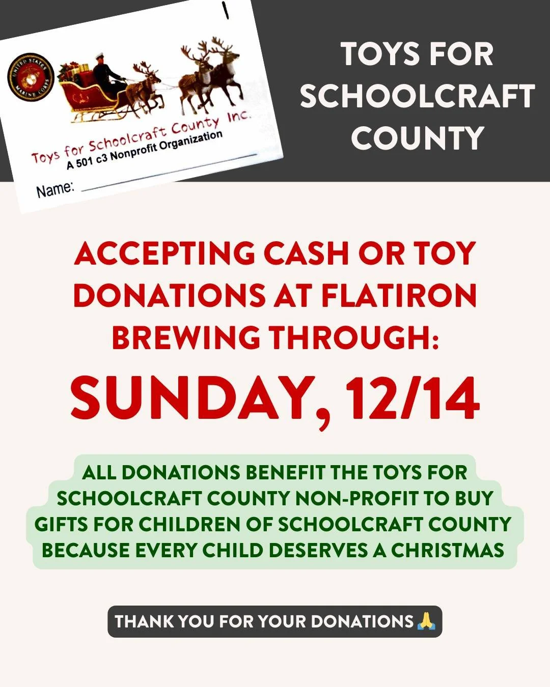 Drop of cash or toy donations through Sunday, 12/14!