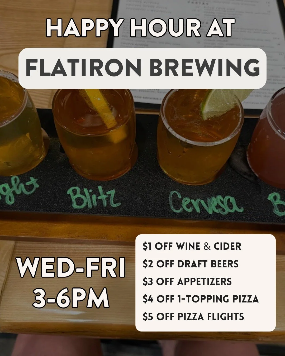 Join us for happy hour this week, Wednesday - Friday from 3-6pm 🤤
Check out those sweet deals!