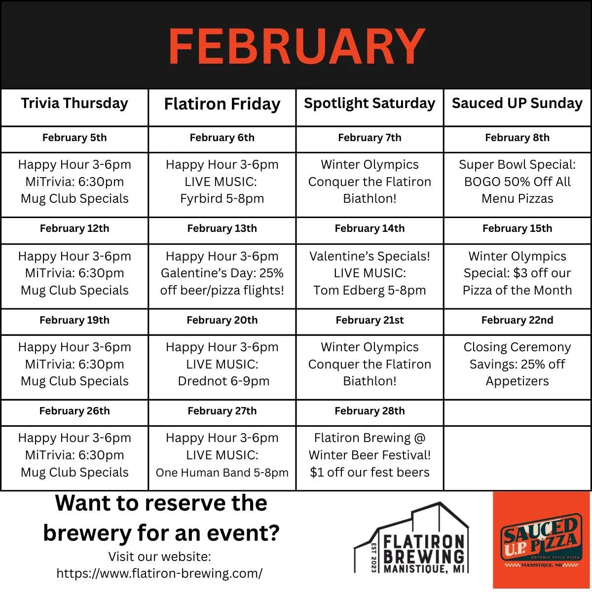 BOOK IT: Our February schedule of events! Lots of live music, trivia, specials and fun to be had at Flatiron Brewing! 🎉😄