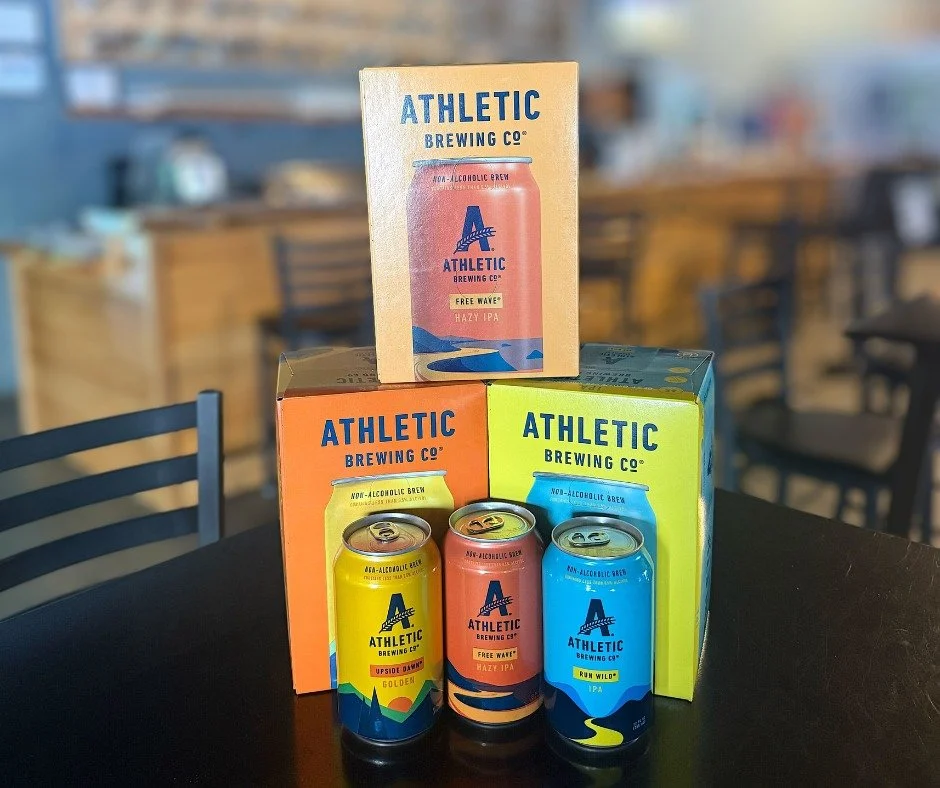 NEW PRODUCTS: We now have non-alcoholic beer in the taproom! From Athletic Brewing, we're offering their Free Wave Hazy IPA, Run Wild IPA, and Upside Dawn Golden. While we prefer our favorite beers from Flatiron, these definitely hit the spot with no