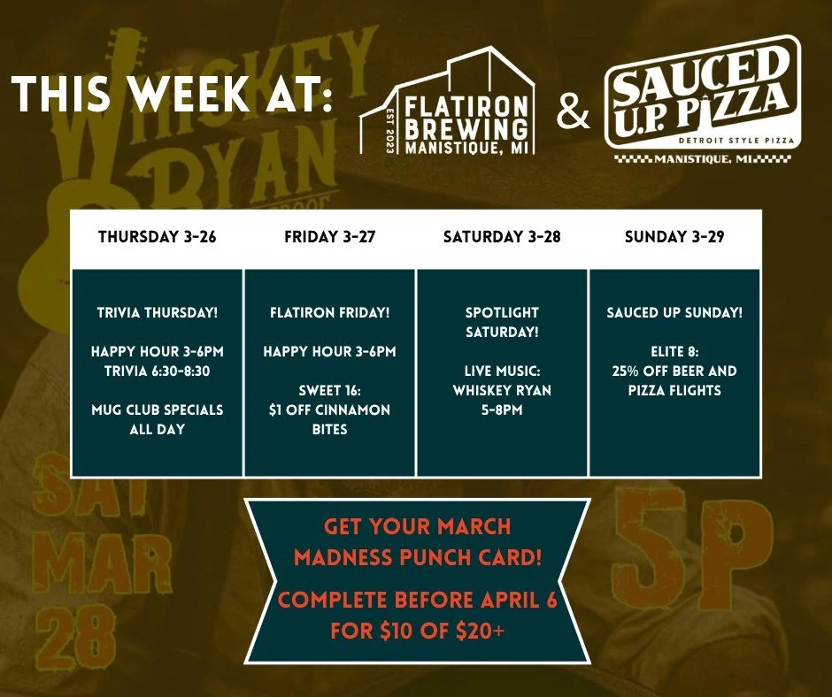 THIS WEEK: We are excited for Whiskey Ryan LIVE @ Flatiron Brewing! Come in on Saturday at 5pm to catch the show. We've also got $1 off cinnamon bites on Friday to celebrate the Sweet 16 and cap the Elite 8 off with 25% off beer and pizza flights on 