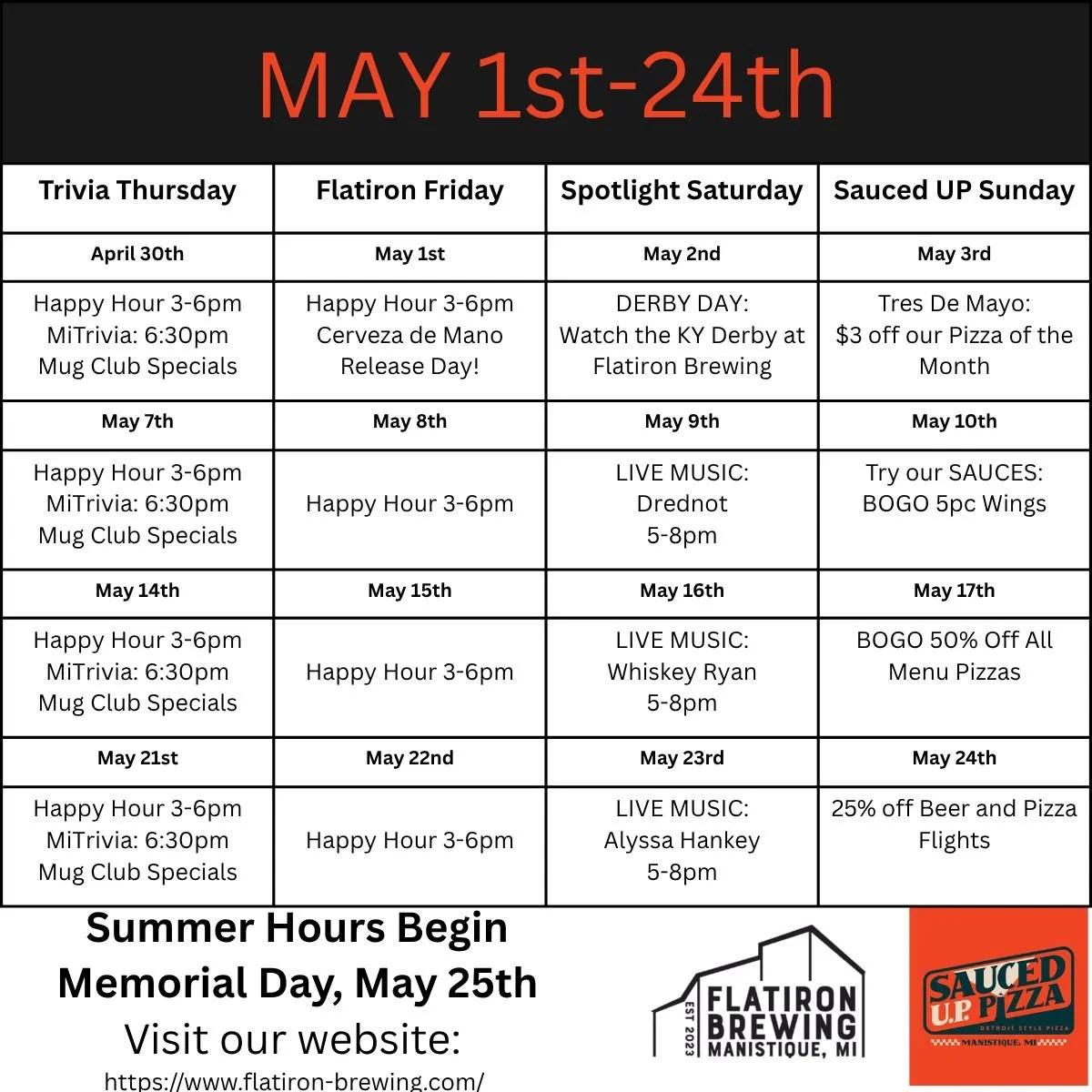 A new month means a new calendar of events! May's highlights are live music on the 9th, 16th and 23rd, and our return to our summer hours on Memorial Day, May 25th! #brewery #manistique