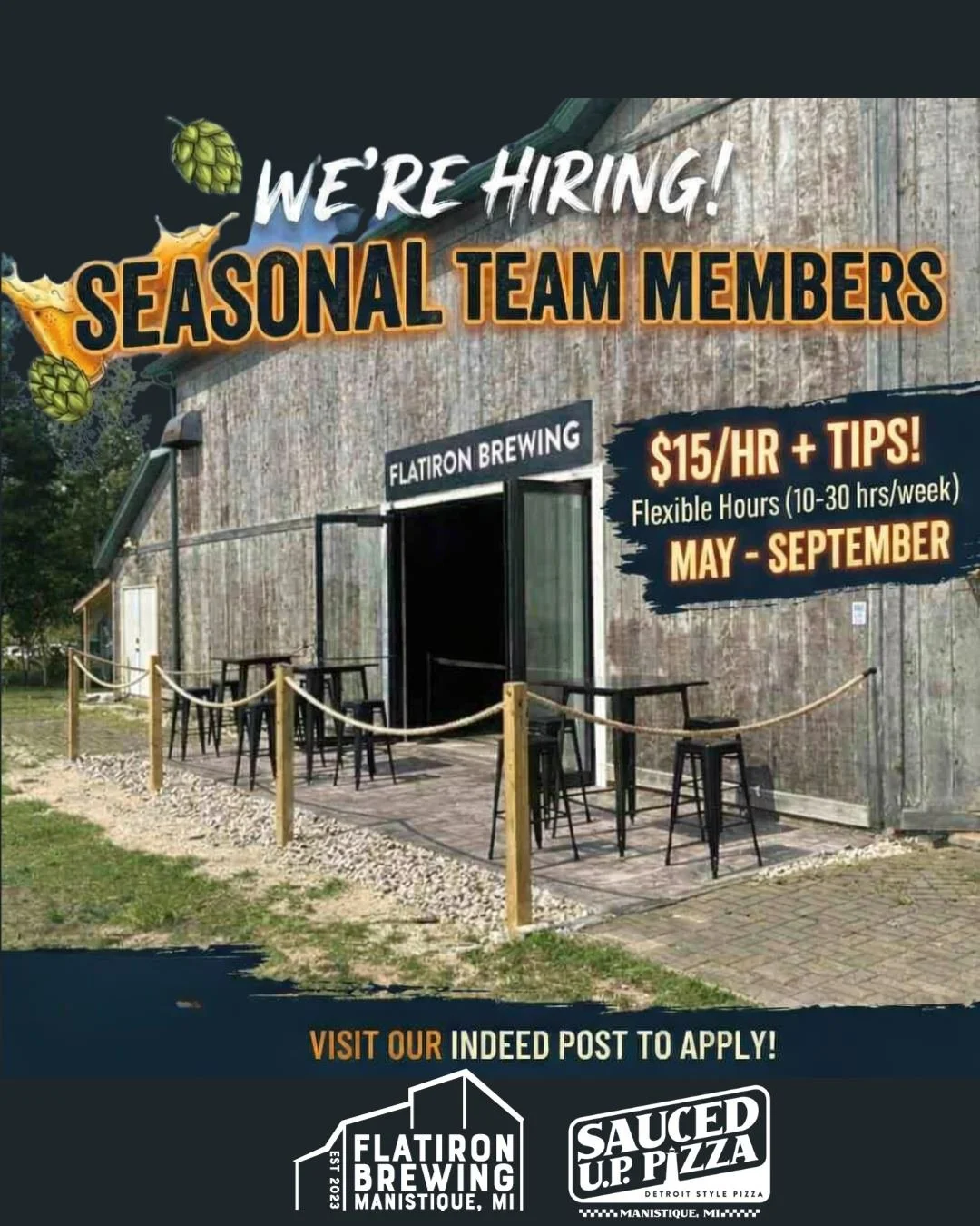 Summer in Manistique is better behind the bar (and the pizza oven)! 🍕🍻

Flatiron Brewing is looking for a few more Team Members to join the crew for the 2026 season! If you love craft beer, Detroit-style pizza, and working in a fast-paced environme