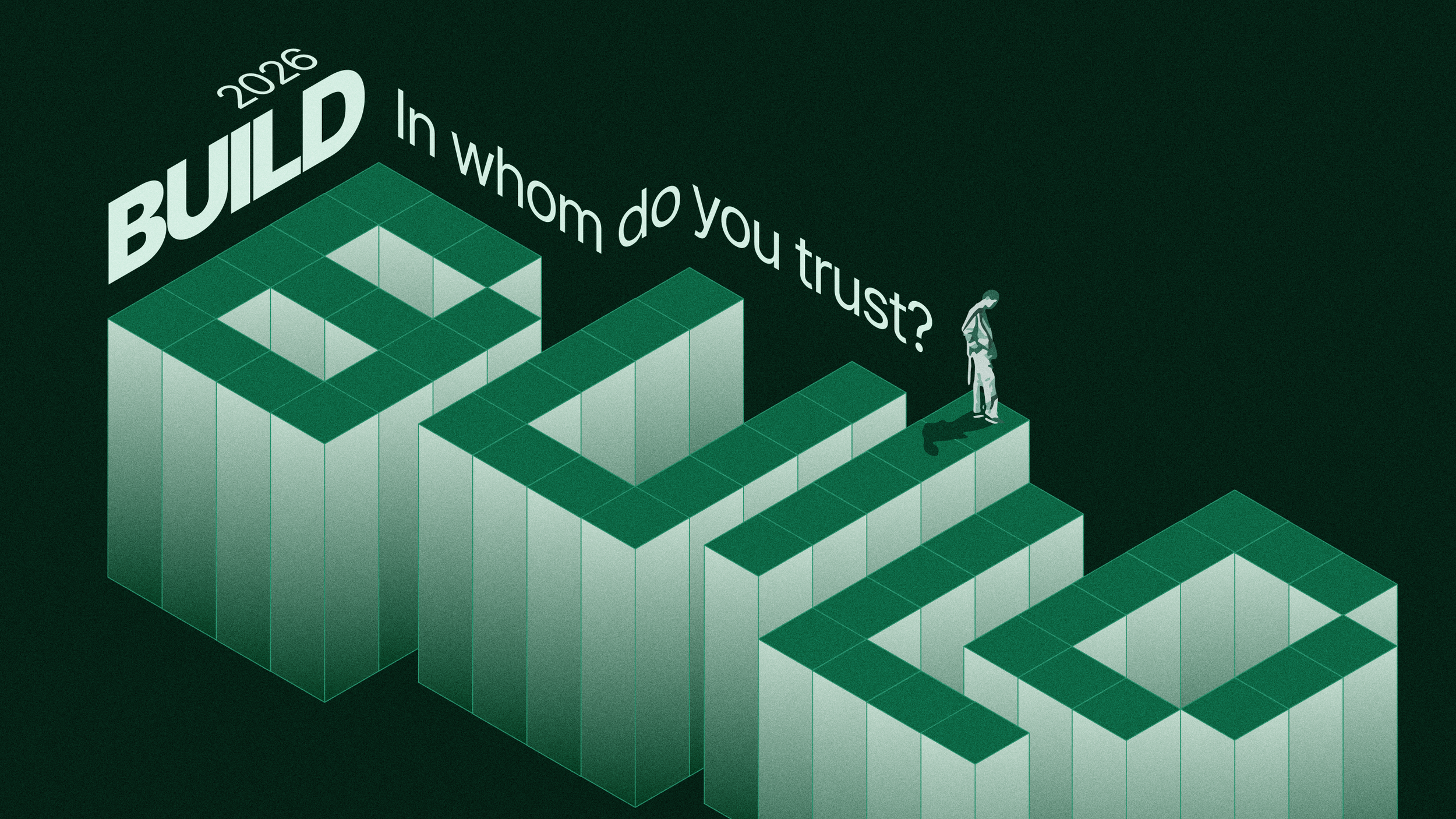 An isometric illustration of a maze made of green blocks with the words 'BUILD IN WHO do you trust?' and a person standing on one of the maze's paths. Advertising the 2026 Build conference for CCCAust NSW.