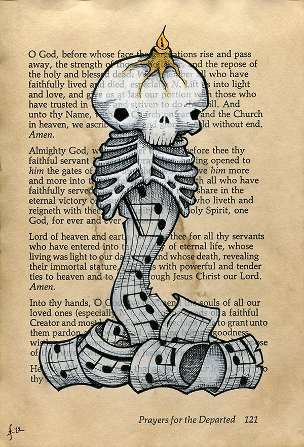 "Prayers for the Departed 4"
Mixed Media on Stained Book Page