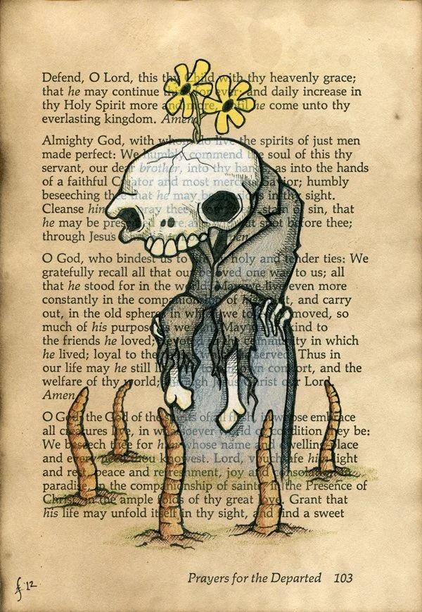 "Prayers for the Departed 5"
Mixed Media on Stained Book Page