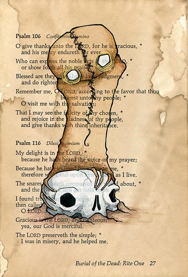 "Burial of the Dead - Rite 1c"
Mixed Media on Stained Book Page