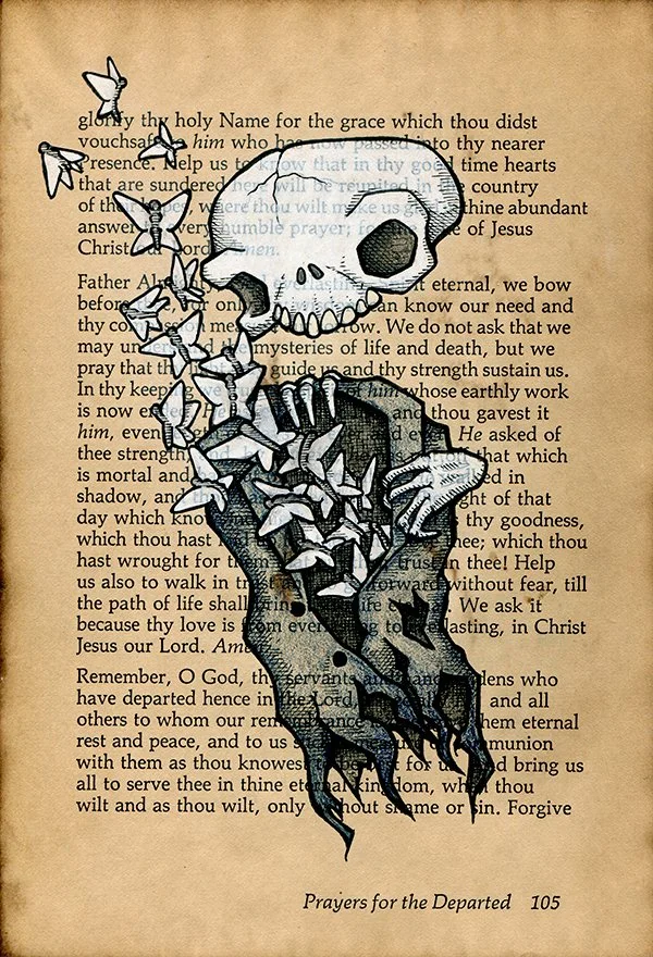 "Prayers for the Departed 6"
Mixed Media on Stained Book Page