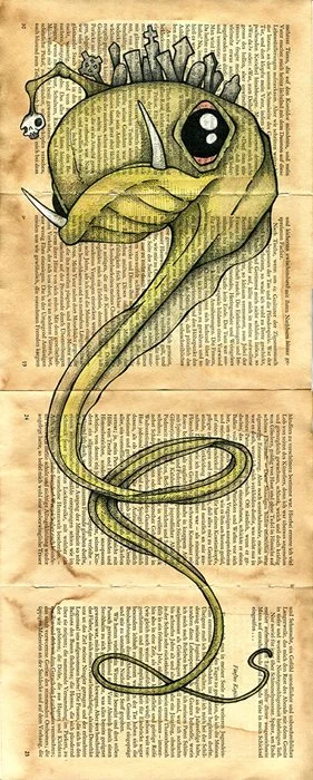 "Funeral Fish"
7x20, Ink on Stained Book Pages