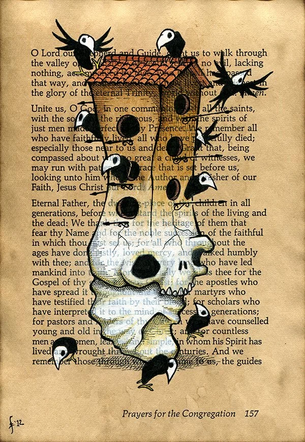 "Prayers for the Congregation 4"
Mixed Media on Stained Book Page