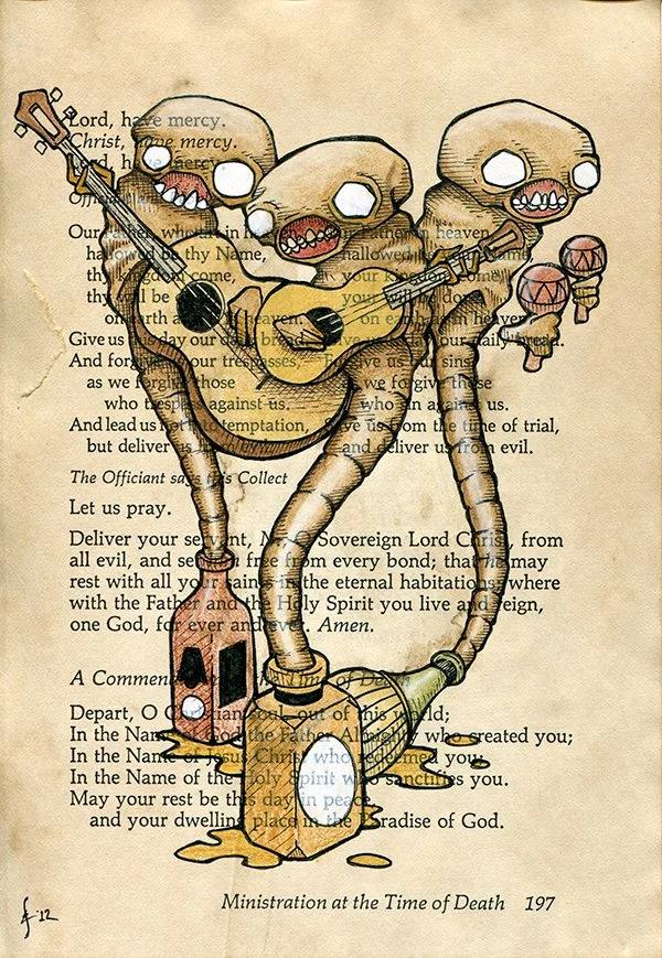 "Ministration at the Time of Death"
Mixed Media on Stained Book Page