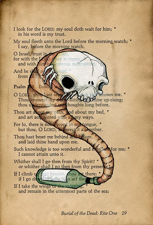 "Burial of the Dead - Rite One"
Mixed Media on Stained Book Page