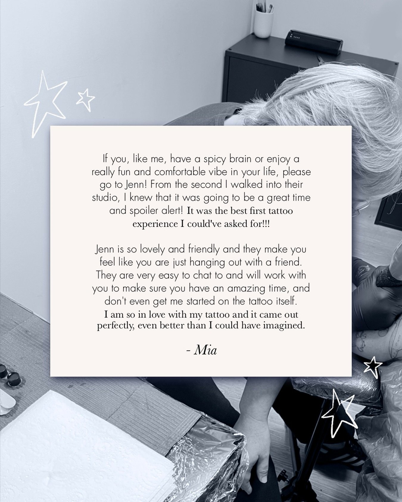 ✨ If Mia&rsquo;s review sounds like something you want in a tattoo experience and artist, then I&rsquo;m the artist for you!
🫶🏻 Also, when you take the time to leave a review on google or send me a personal message or email, I cannot express what t