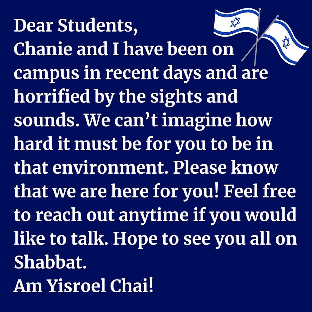 A note from Rabbi Levi and Chanie during this challenging time. See you at CommUNITY Shabbat at 7:30pm! Please RSVP by texting &ldquo;Shabbat&rdquo; to 860-385-6770 is you haven&rsquo;t already 💙🤍