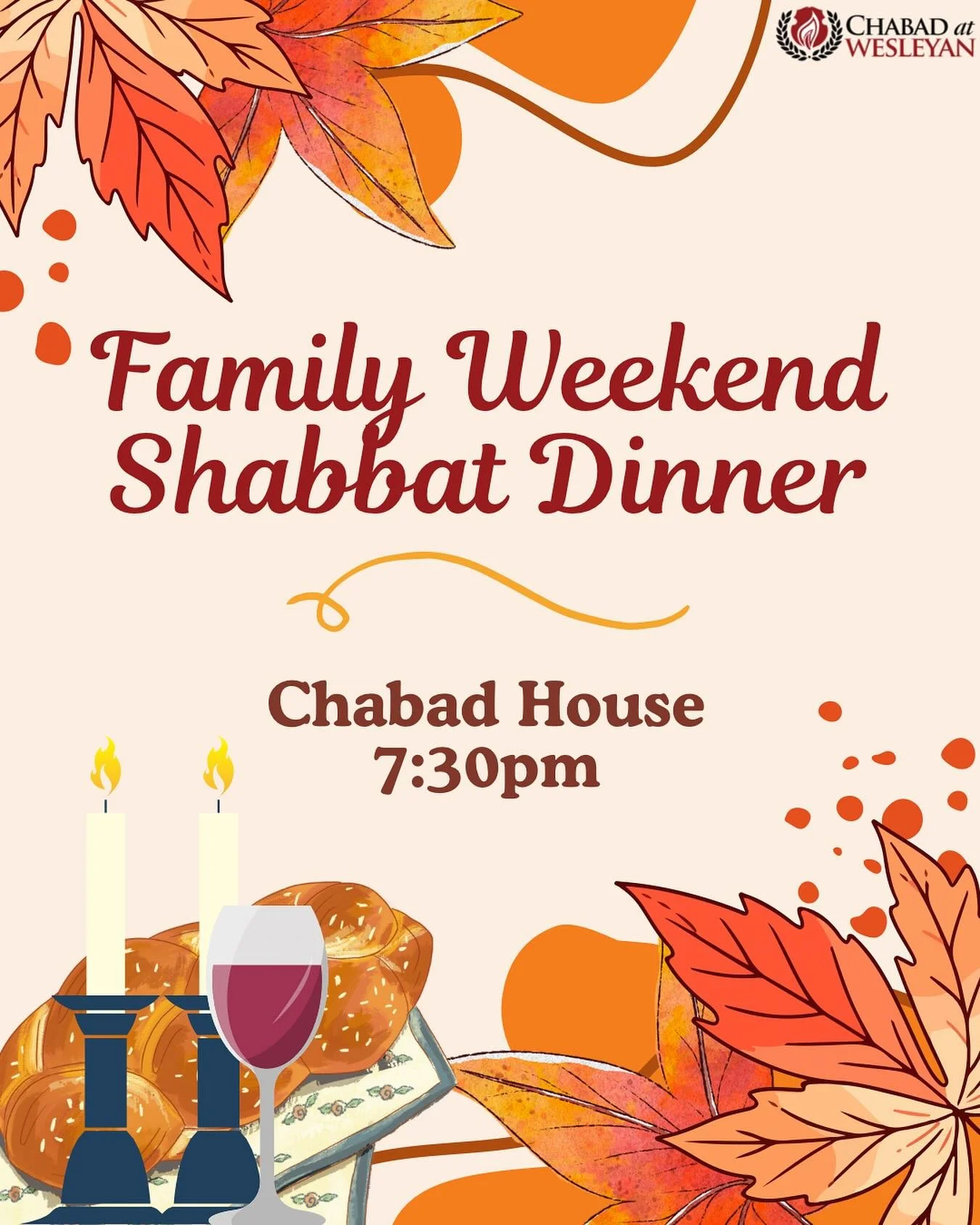 Welcome back from Fall Break 🍂💤 didn’t get enough of your fam? NO WORRIES—it’s almost FAMILY/HOMECOMING WEEKEND ❤️🖤🤗 join us for Family Weekend Shabbat Dinner on Friday at 7:30pm. If you’re coming WITH FAMILY 🧑‍🧑&zwj