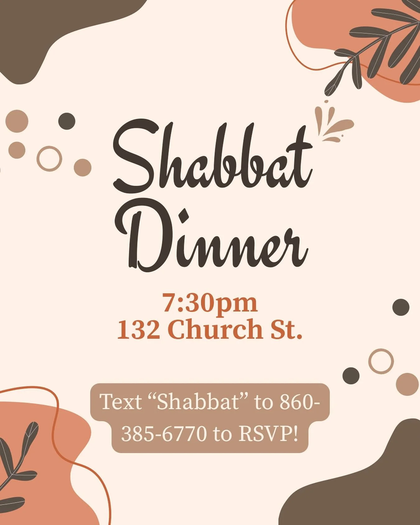 ‼️TGIS‼️Shabbat is less than 48 hours away! Text &ldquo;Shabbat&rdquo; to 860-385-6770 to RSVP&mdash;see you at 132 Church St. @ 7:30pm 🤗🎉