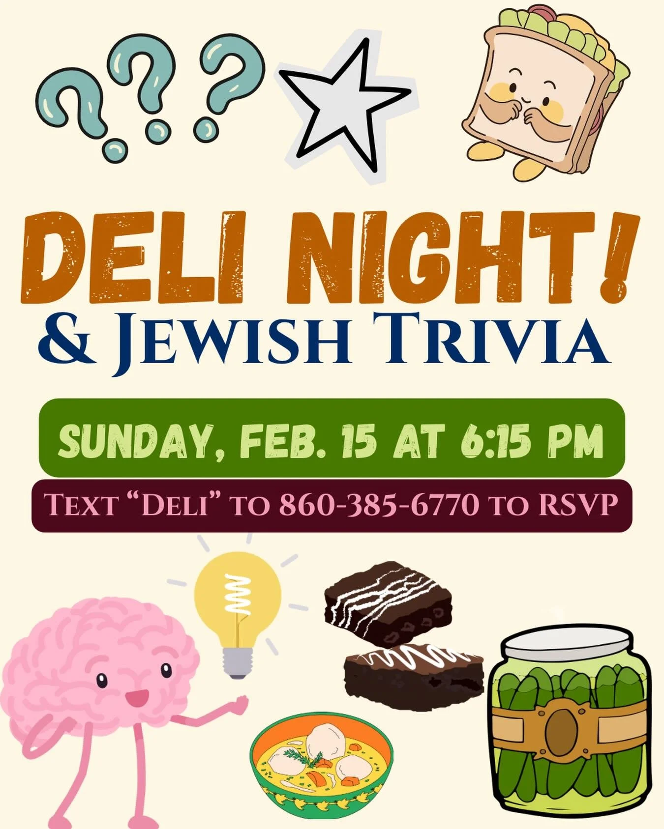 YES, YOU HEARD RIGHT&hellip;Deli Night is BACK 😋💯🥒🥪Get ready to fill up on delicious deli meats, sides, and Jewish knowledge 🚨PRIZES ARE INVOLVED🚨Text &ldquo;deli&rdquo; to the ChaBot to RSVP 🤳👏