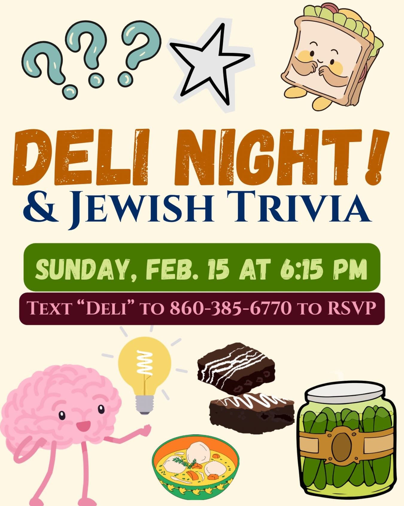 YES, YOU HEARD RIGHT&hellip;Deli Night is BACK 😋💯🥒🥪Get ready to fill up on delicious deli meats, sides, and Jewish knowledge 🚨PRIZES ARE INVOLVED🚨Text &ldquo;deli&rdquo; to the ChaBot to RSVP 🤳👏