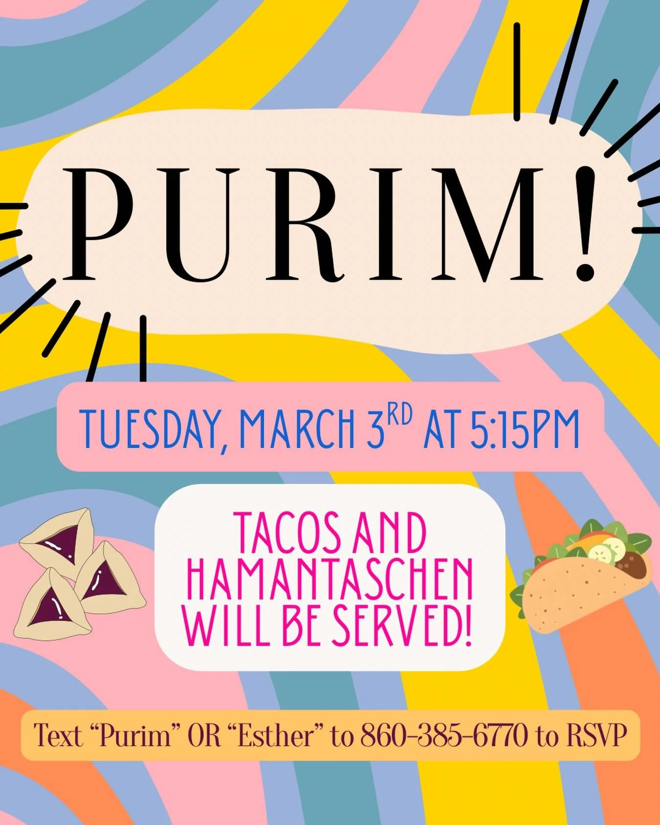 💥PURIM IS ALMOST HERE💥 Come celebrate with us TOMORROW (3/3) anytime from 5:15-7:45pm 🎭🎉 Dress to impress and get ready to nosh on some delicious tacos and hamantaschen👏🌮

Text &ldquo;Purim&rdquo; OR &ldquo;Esther&rdquo; to the Bot to RSVP🤳