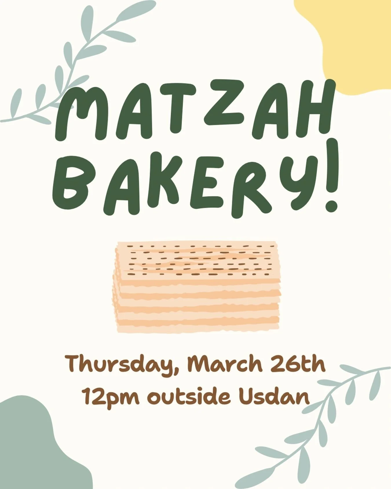 It&rsquo;s time to get into the ✨Passover spirit✨Get ready to get baking&mdash;Matzah Bakery is happening TOMORROW 3/26 @ 12pm outside Usdan 🎉👏 SEE YOU THERE!!