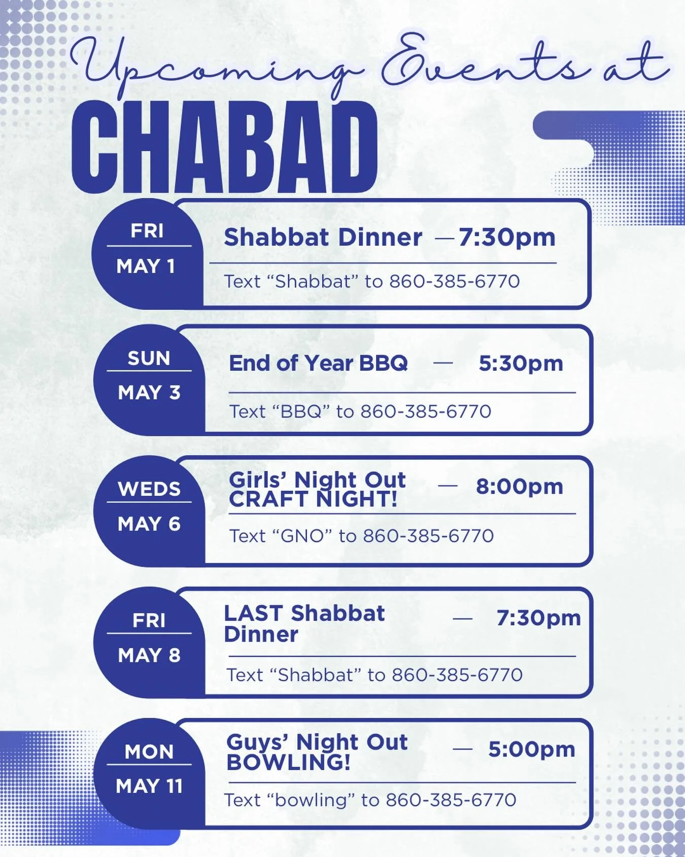 Feeling sad about the year winding down? Chabad is AMPING UP! Here&rsquo;s what the next few weeks will look like, starting with our SECOND TO LAST SHABBAT DINNER OF THE YEAR! See you tonight 🎉✨🫶