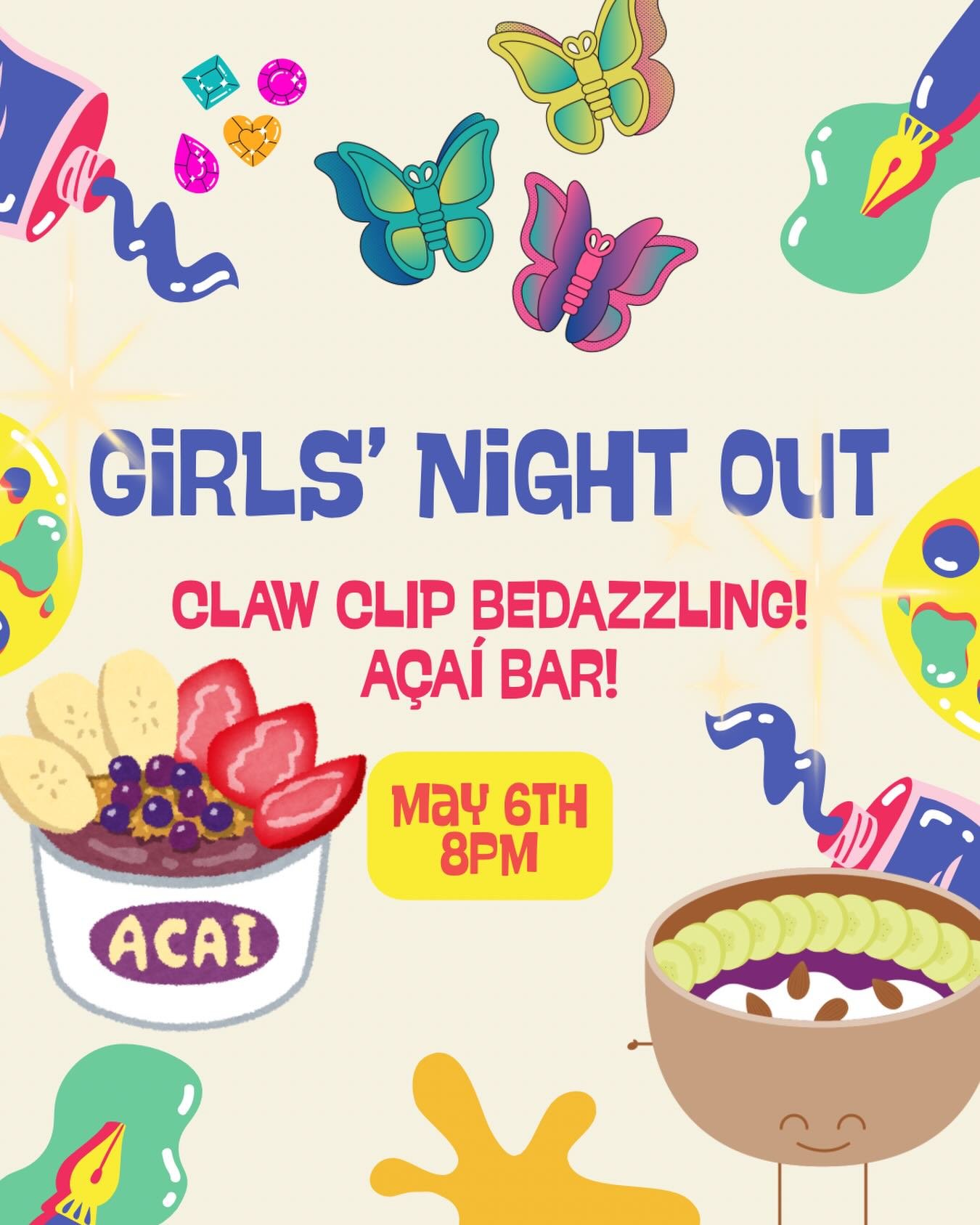 GET READY&hellip;GIRLS&rsquo; NIGHT OUT is TOMORROW 5/6 at 8pm ✨🤩 Claw clips, bedazzling, besties, a&ccedil;a&iacute; and more 🫶 Text GNO to RSVP 🤳