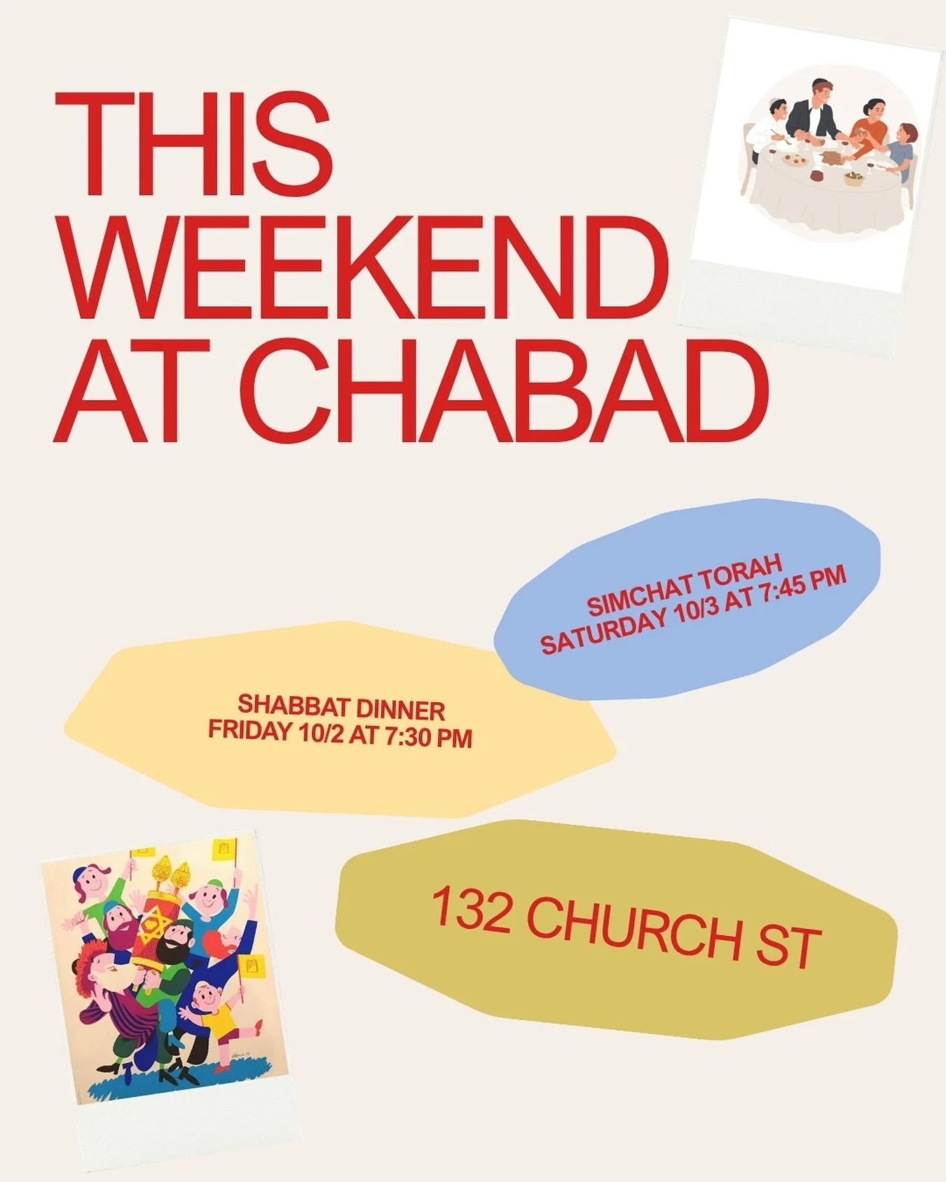 We hope to see everyone at Shabbat tonight and Simchat Torah tomorrow night! At Simchat Torah there will be dancing, singing, and lots of food and celebration! Text the Chabad Bot (860-385-6770) &ldquo;Shabbat&rdquo; and &ldquo;Torah&rdquo; to rsvp, 