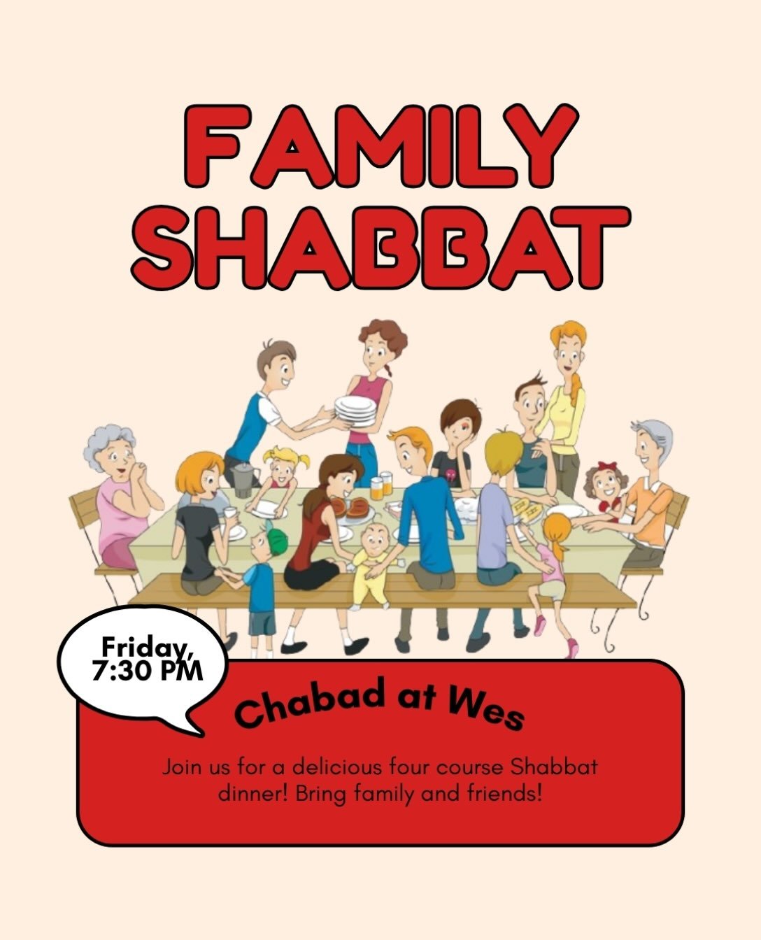 Bring your families! Bring your friends! We hope to see everyone at family Shabbat tomorrow night, 10/16, at 7:30 PM! Text the Chabad Bot (860-385-6770) &ldquo;Shabbat&rdquo; if you are coming with friends or &ldquo;family&rdquo; if you are bringing 