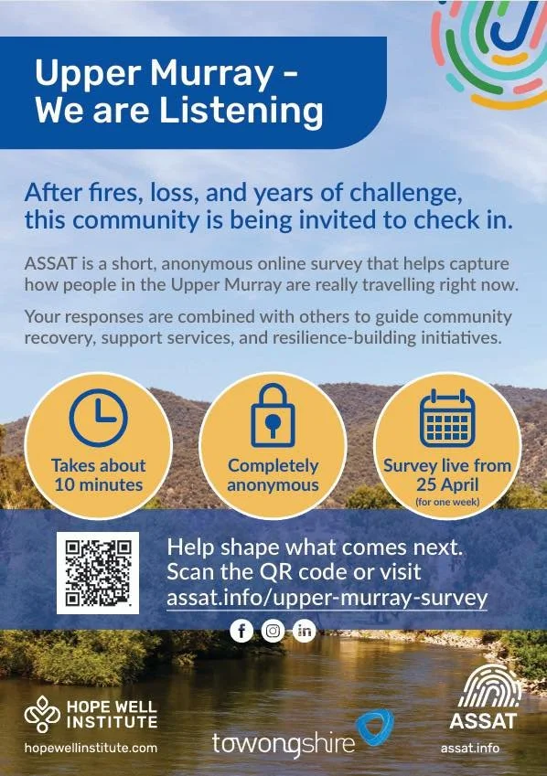 The Upper Murray community has faced a lot in recent years. This is an opportunity for your voice to be heard.

Your feedback will help to identify what&rsquo;s working, what&rsquo;s needed, and how we can strengthen wellbeing across our region and g
