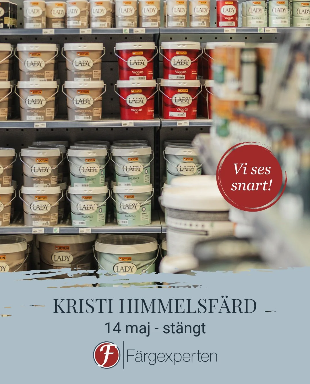 Torsdag 14 maj har vi st&auml;ngt f&ouml;r Kristi himmelsf&auml;rdsdag 😇⁠
⁠
Passa g&auml;rna p&aring; att kika in hos oss innan dess och fyll p&aring; med allt du beh&ouml;ver inf&ouml;r projekten du planerar att ta tag i under ledigheten 🎨