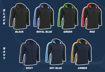 Six hoodies in different colors: black, royal blue, green, red, navy, sky blue, and amber, displayed against a dark background with color labels.