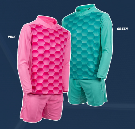 Two athletic outfits with long-sleeve tops and shorts, one pink labeled 'PINK' and one green labeled 'GREEN', featuring a honeycomb pattern on the tops.
