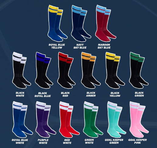 Collection of fifteen pairs of sports socks in various colors arranged in three rows, with color labels such as royal blue yellow, navy sky blue, maroon sky blue, black white, black royal blue, black red, black amber, black yellow, black green, royal blue white, purple white, red white, green white, goal keeper green, and goal keeper pink.