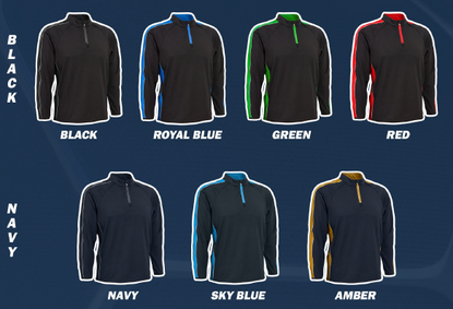 Collection of seven long-sleeve sports shirts in various colors with zippers on the collar, labeled as Black, Royal Blue, Green, Red, Navy, Sky Blue, and Amber, arranged in two rows.