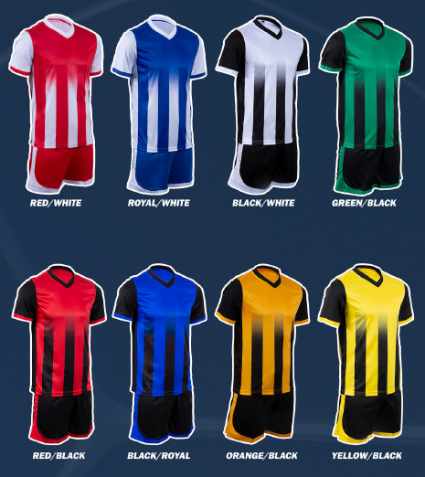 Eight soccer jerseys in various colors and patterns, including red/white, royal/white, black/white, green/black, red/black, black/royal, orange/black, and yellow/black, displayed on a dark background.