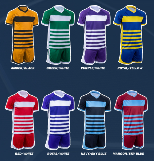Collection of soccer uniforms in various colors and stripe patterns, including amber/black, green/white, purple/white, royal/yellow, red/white, royal/white, navy/sky blue, and maroon/sky blue.