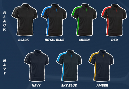 Six polo shirts displayed in two rows. Top row: black, royal blue, green, red. Bottom row: navy, sky blue, amber.