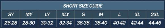 Size chart labeled 'Short Size Guide' with measurements for sizes from Small to 2XL, including numerical ranges for each size.