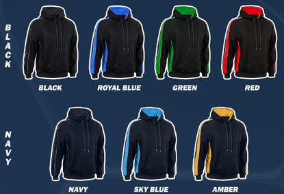Collection of six hooded sweatshirts in different colors: black, royal blue with blue accents, green with green accents, red with red accents, navy with white accents, sky blue with blue accents, and amber with yellow accents.
