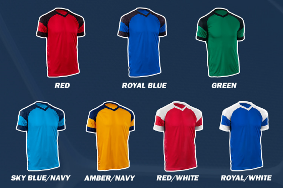 Collection of sports jerseys in various colors, including red, royal blue, green, sky blue/navy, amber/navy, red/white, and royal/white.