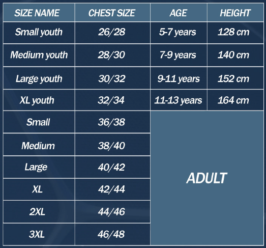 A size chart for youth and adult clothing, listing sizes, chest measurements, ages, heights, and categories.