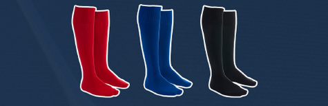 Three pairs of tall socks in red, blue, and black colors displayed against a dark background.