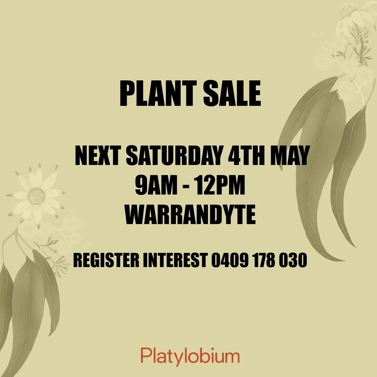 PLANT SALE IN WARRANDYTE
Register interest via 0409 178 030

Plants available 

Dampiera diversifolia Southern Blue
Kunzea ambigua Prostrate
Leptospermum laevigatum Fore Shore
Poa Eskdale
Scleranthus biflorus
Tasmannia lanceolata (Male) Nunnock
Theme