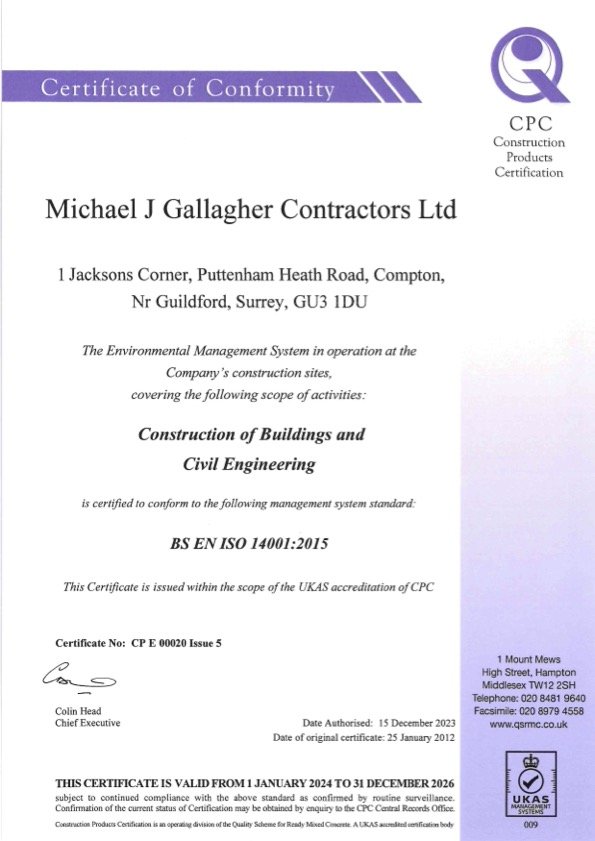 Certificate of Conformity awarded to Michael J Gallagher Contractors Ltd for construction of buildings and civil engineering, certified to BS EN ISO 14001:2015, issued by CPC Construction Products Certification.