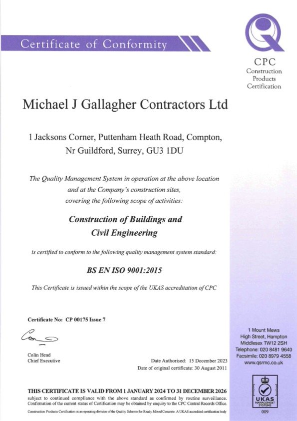 Certificate of Conformity issued to Michael J Gallagher Contractors Ltd for construction and civil engineering work, valid from January 1, 2024, to December 31, 2026.
