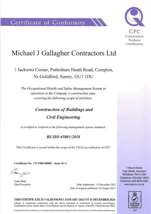 Certificate of Conformity issued to Michael J Gallagher Contractors Ltd for BS ISO 45001:2018 certification, issued by UKAS, with company address in Surrey, valid from January 1, 2024, to December 31, 2026.